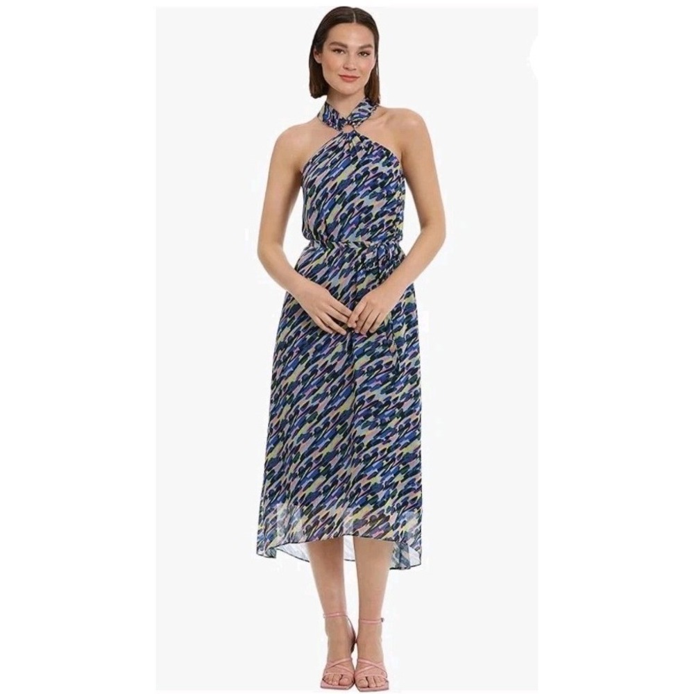 DONNA MORGAN Women's Halter Neck with Ring Trim and High Low Midi Size 16